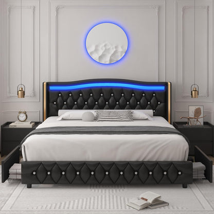 Base de cama con plataforma LED inteligente con 4 cajones de almacenamiento,