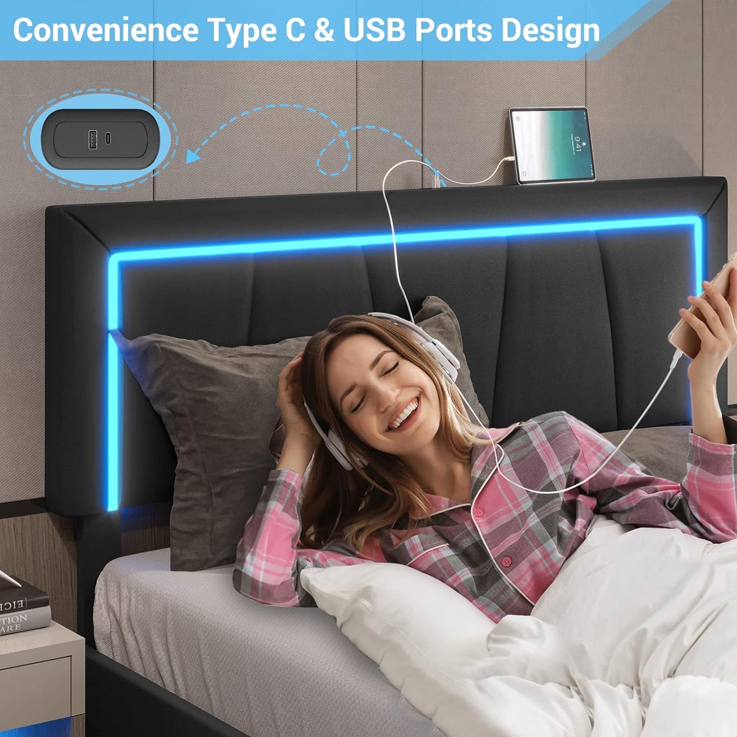 DICTAC Base de cama LED Queen con 4 cajones y puertos USB, moderna plataforma