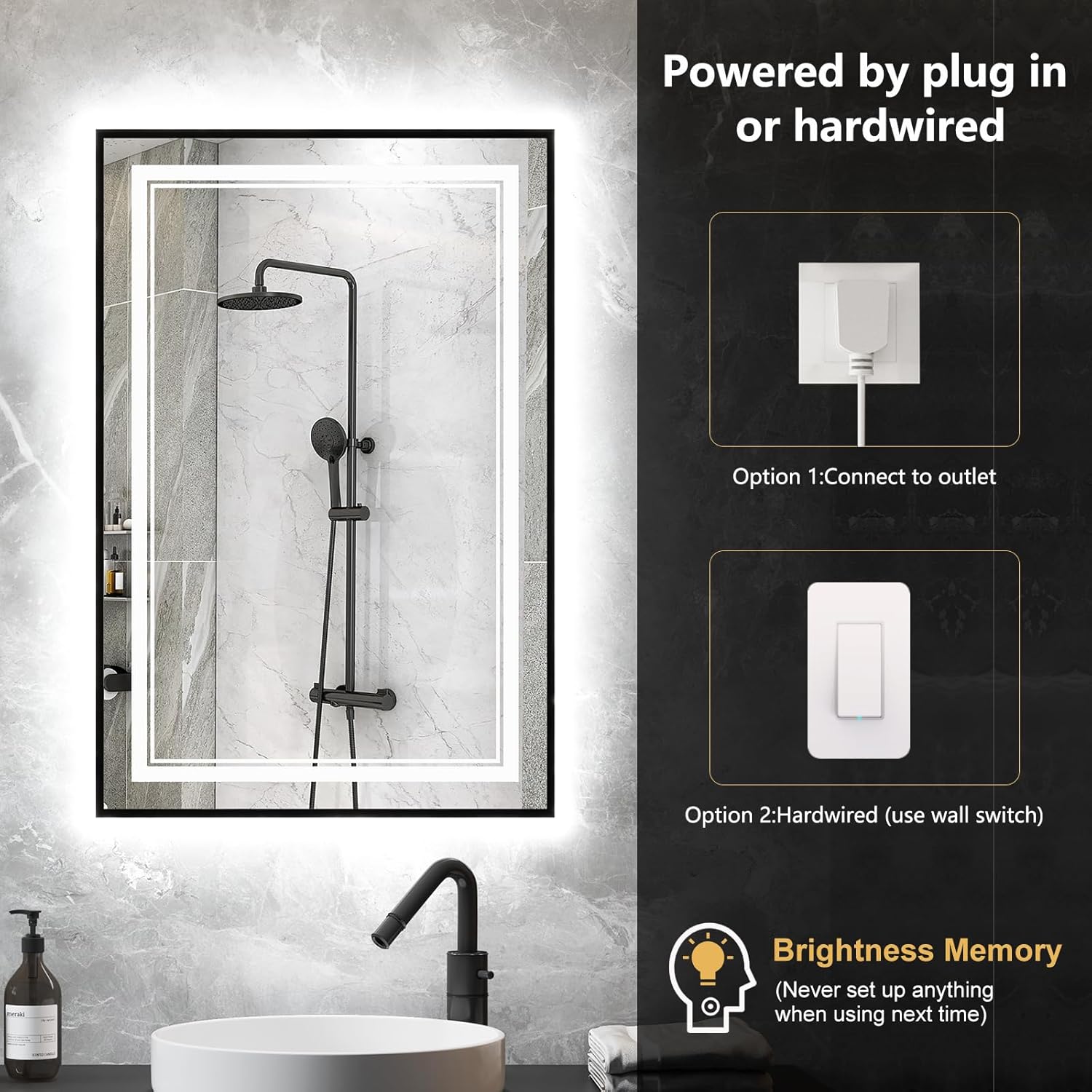 Espejo LED para baño de 20 x 28 pulgadas, espejo de baño LED negro con parte...