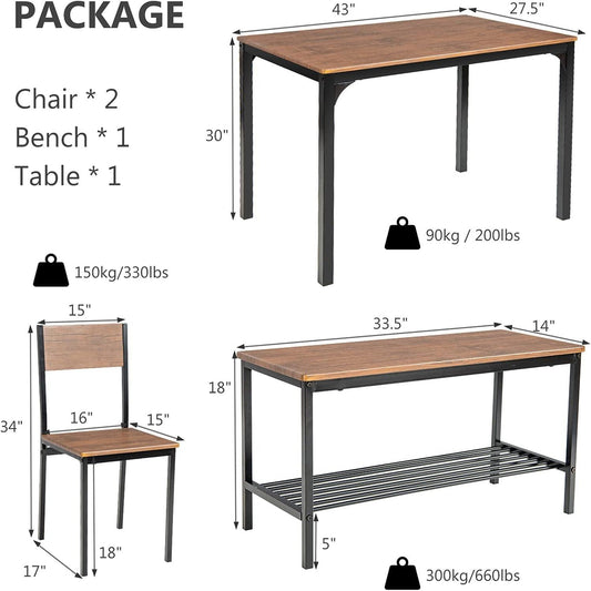 Juego de mesa de comedor de 4 piezas para 4, mesa de cocina con 1 banco y 2