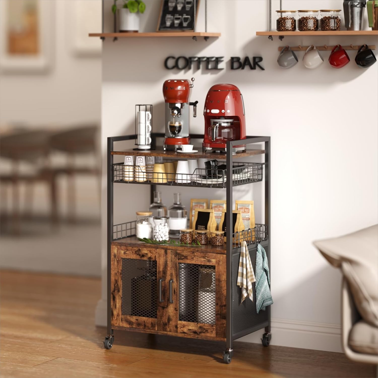 Gabinete de barra de café, mesa de estación de café de 3 niveles con ruedas,