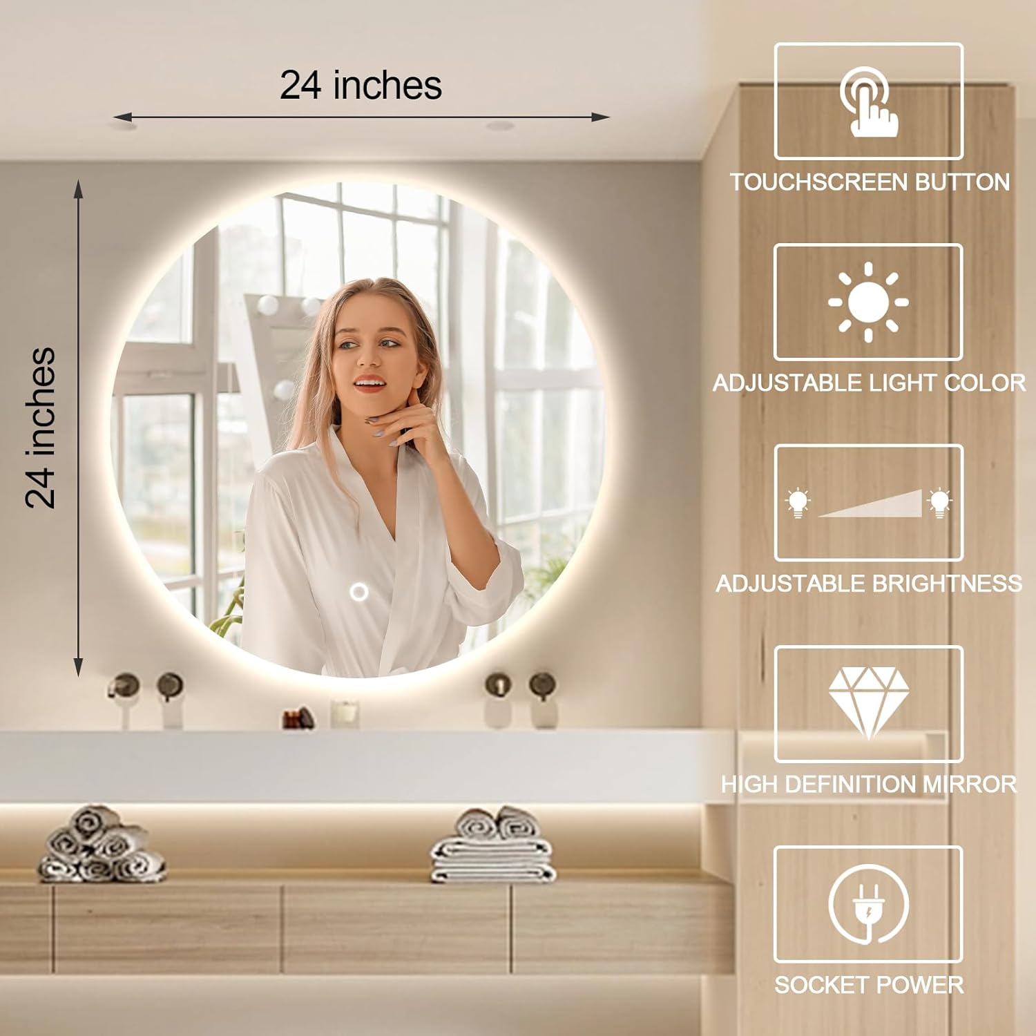 Espejo LED para baño de 24 pulgadas, espejo retroiluminado para tocador de baño...