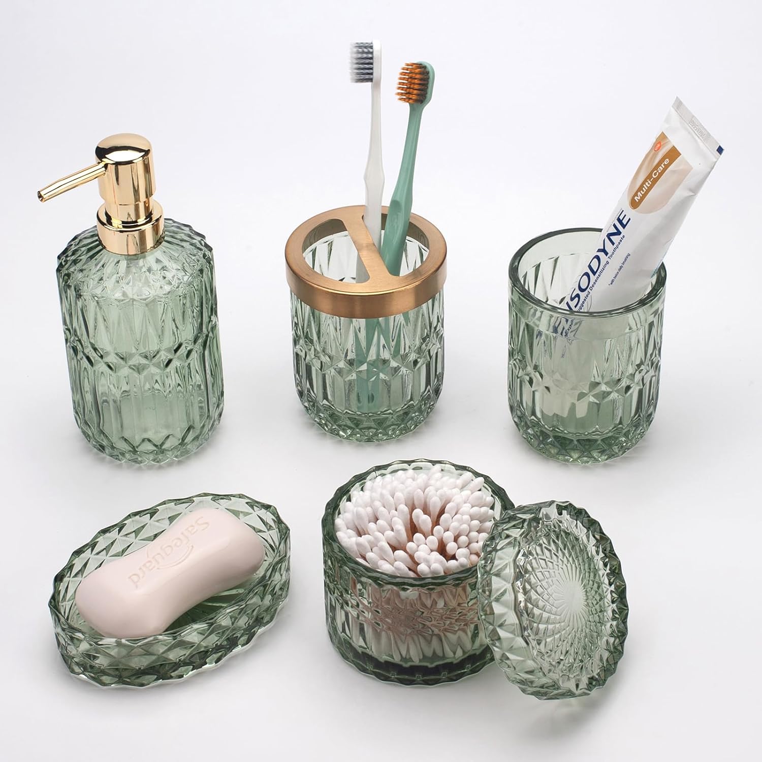 Juego de 5 accesorios de baño de vidrio verde para baño, dispensador de loción,...