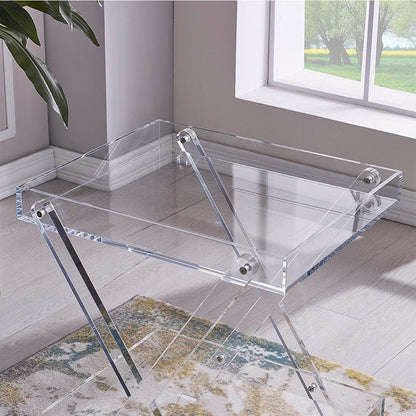 Mesa rectangular de acrílico con almacenamiento de 2 niveles, transparente,