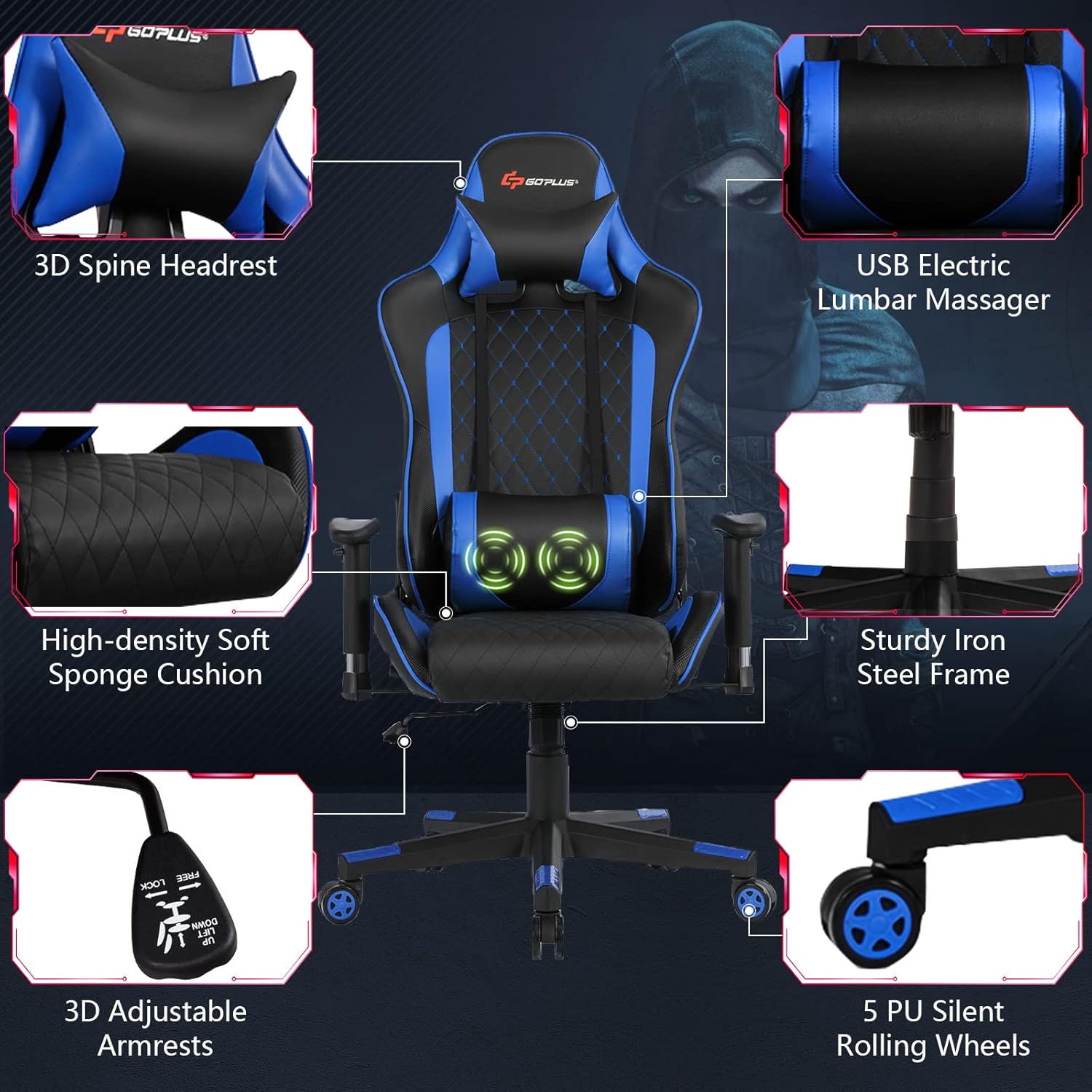 POWERSTONE Silla de juegos, reclinable para juegos con reposabrazos ajustable,...