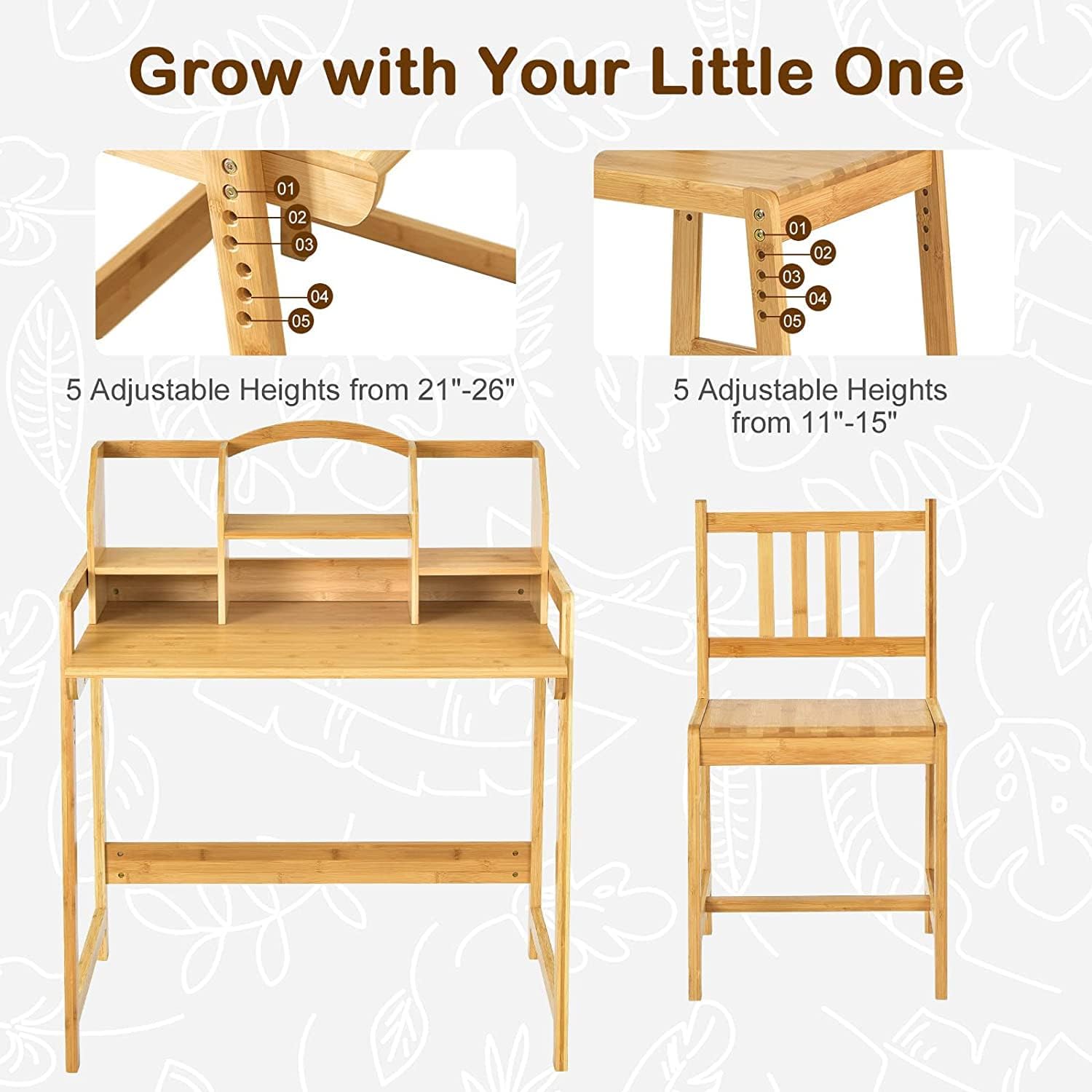 UNICOO - Juego de escritorio y silla de bambú ajustable en altura para niños,...