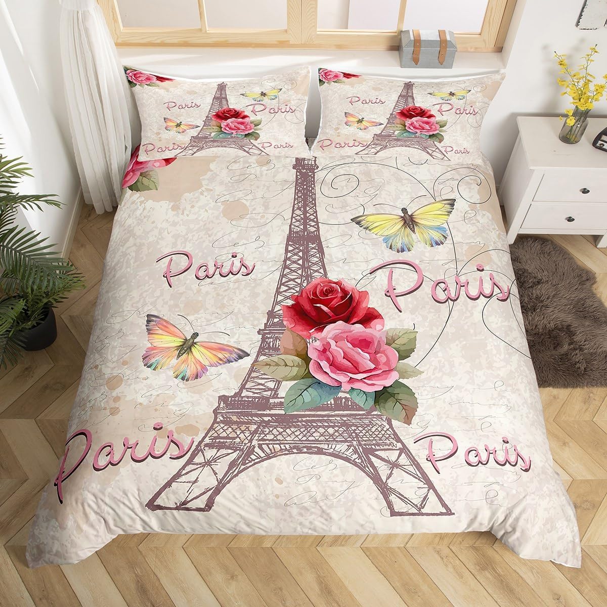 Juego de funda de edredón de la Torre Eiffel para niñas, juego de ropa de cama...