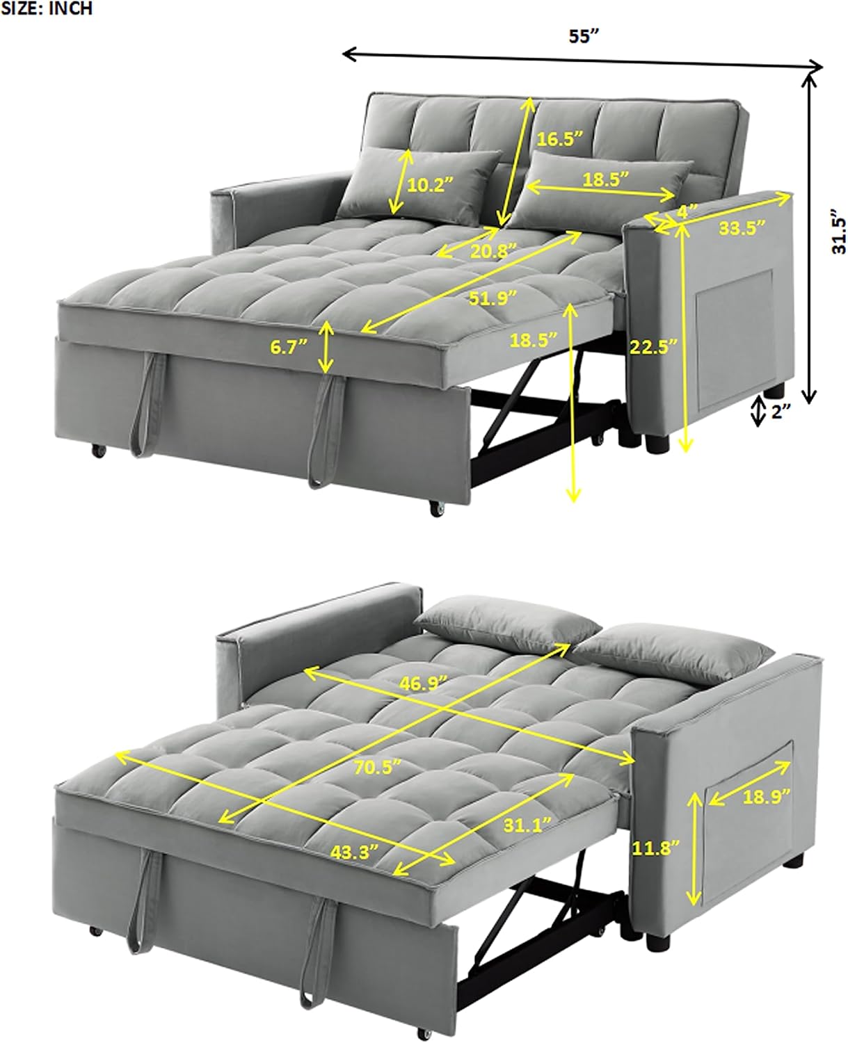 Eafurn Sofá cama convertible multifuncional 3 en 1, moderno sofá biplaza con...