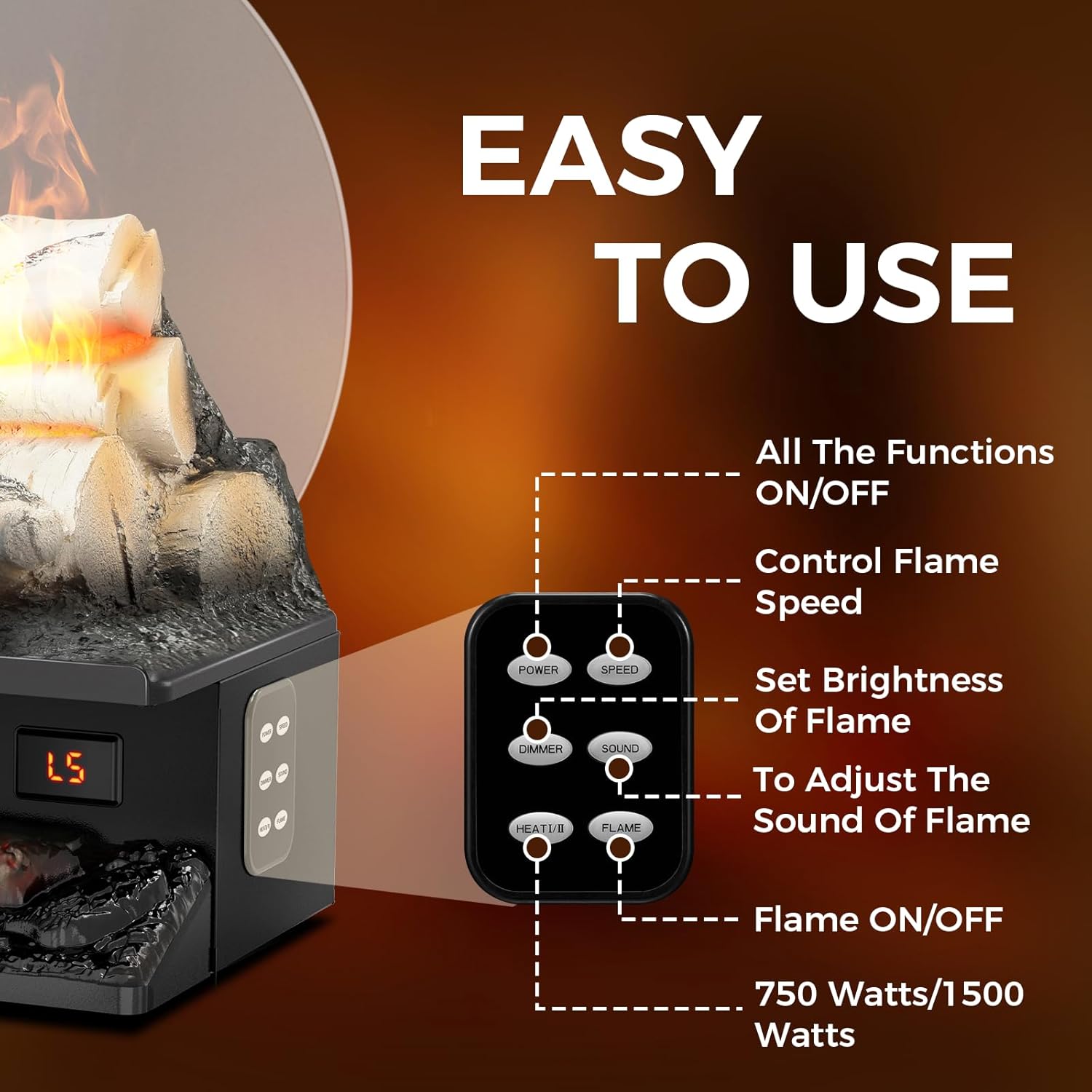 Joy Pebble Calentador eléctrico de leña para chimenea de 750 W1500 W, juego de...