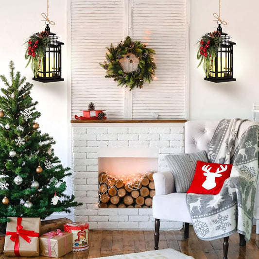 Faroles de vela vintage de metal para Navidad con luz LED, cinta a cuadros,...