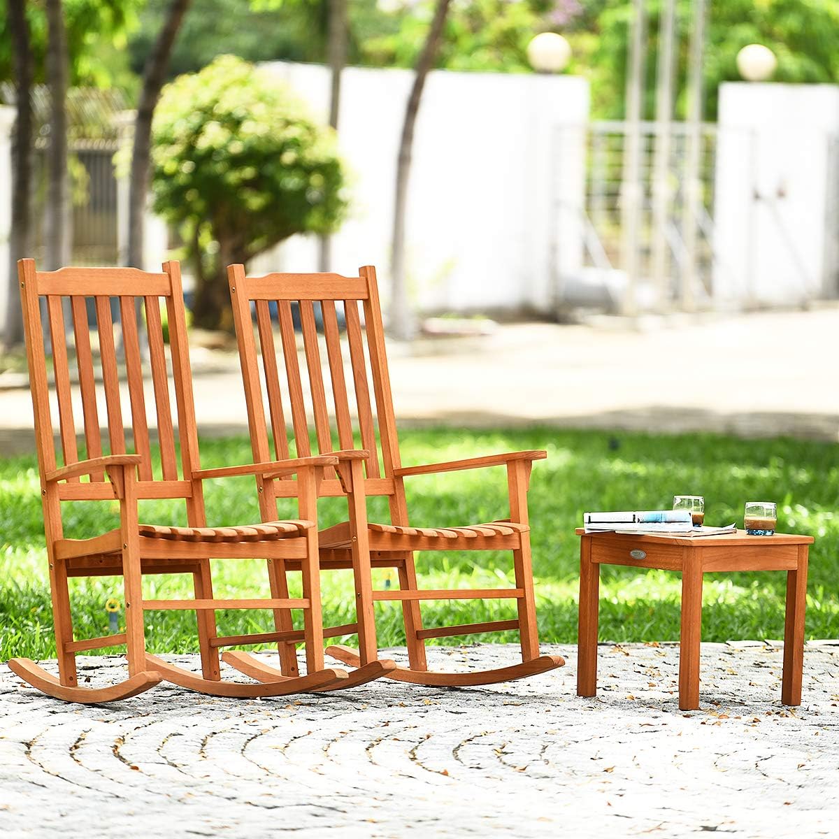 Giantex Juego de 3 sillas mecedoras para patio, juego de conversación de madera...