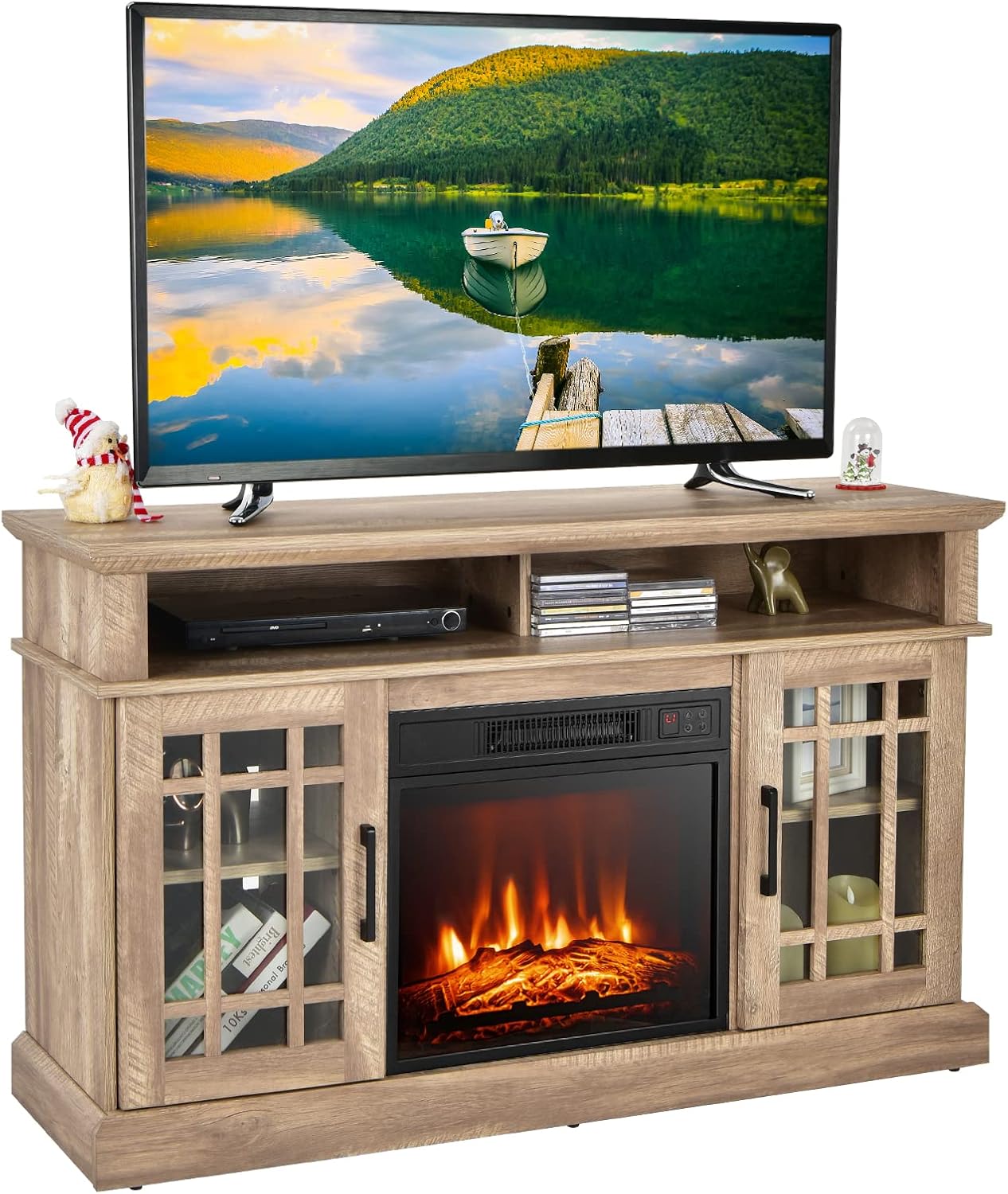 GOFLAME Soporte de TV con chimenea para TV de hasta 55 pulgadas, centro de...