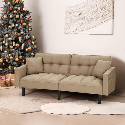 Sofá cama tipo futón, moderno sofá cama convertible de tela de lino tapizado
