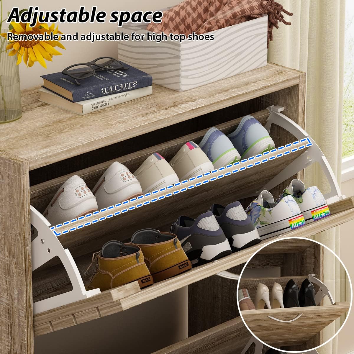 Armario de almacenamiento de zapatos estrecho natural con 3 puertas abatibles y...