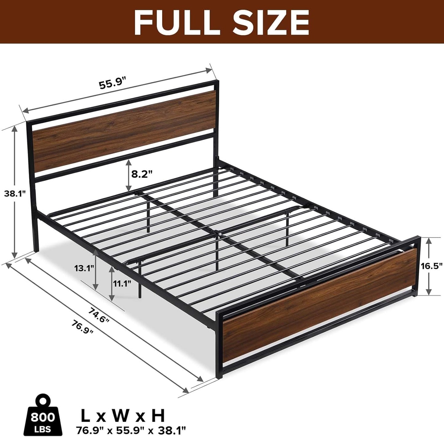 Base de cama de plataforma metálica de tamaño matrimonial con cabecera y pie de