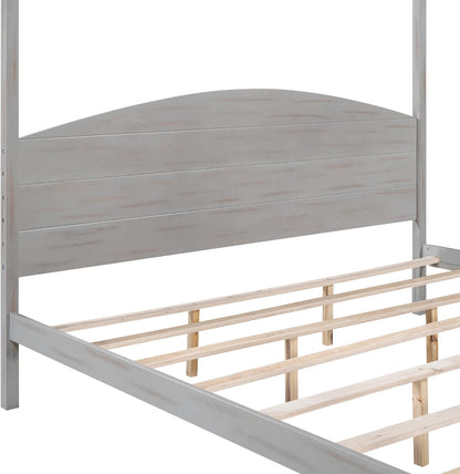 Cama con dosel tamaño King con plataforma de madera con 4 pósters, cabecera y...