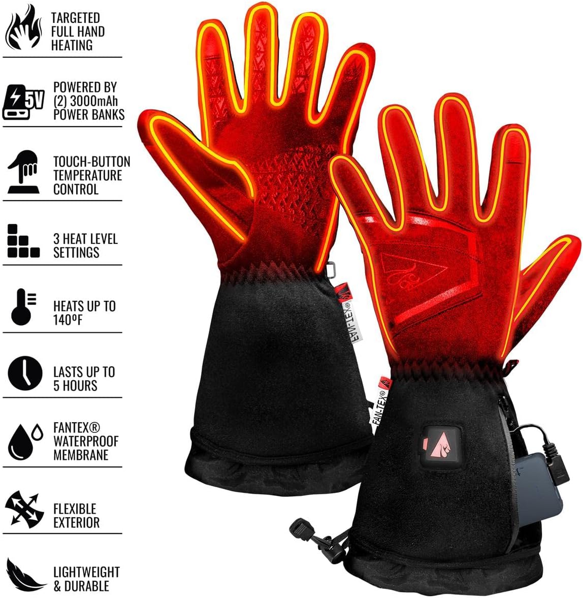 5V Lightweight Battery Heated Gloves for Women Waterproof Membrane, 3 Heat