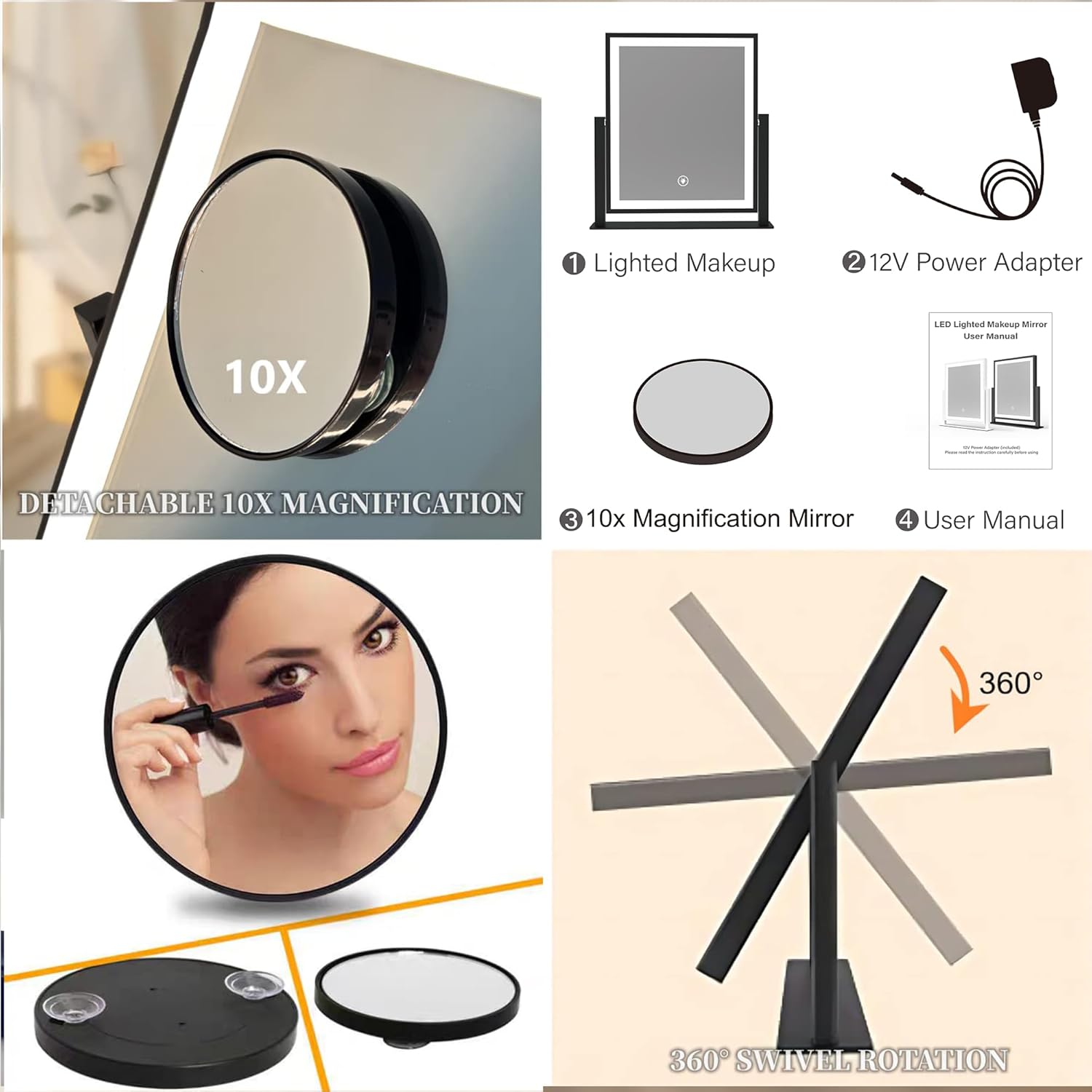 Espejo de maquillaje LED con luces  Espejo de tocador Hollywood negro de 16...
