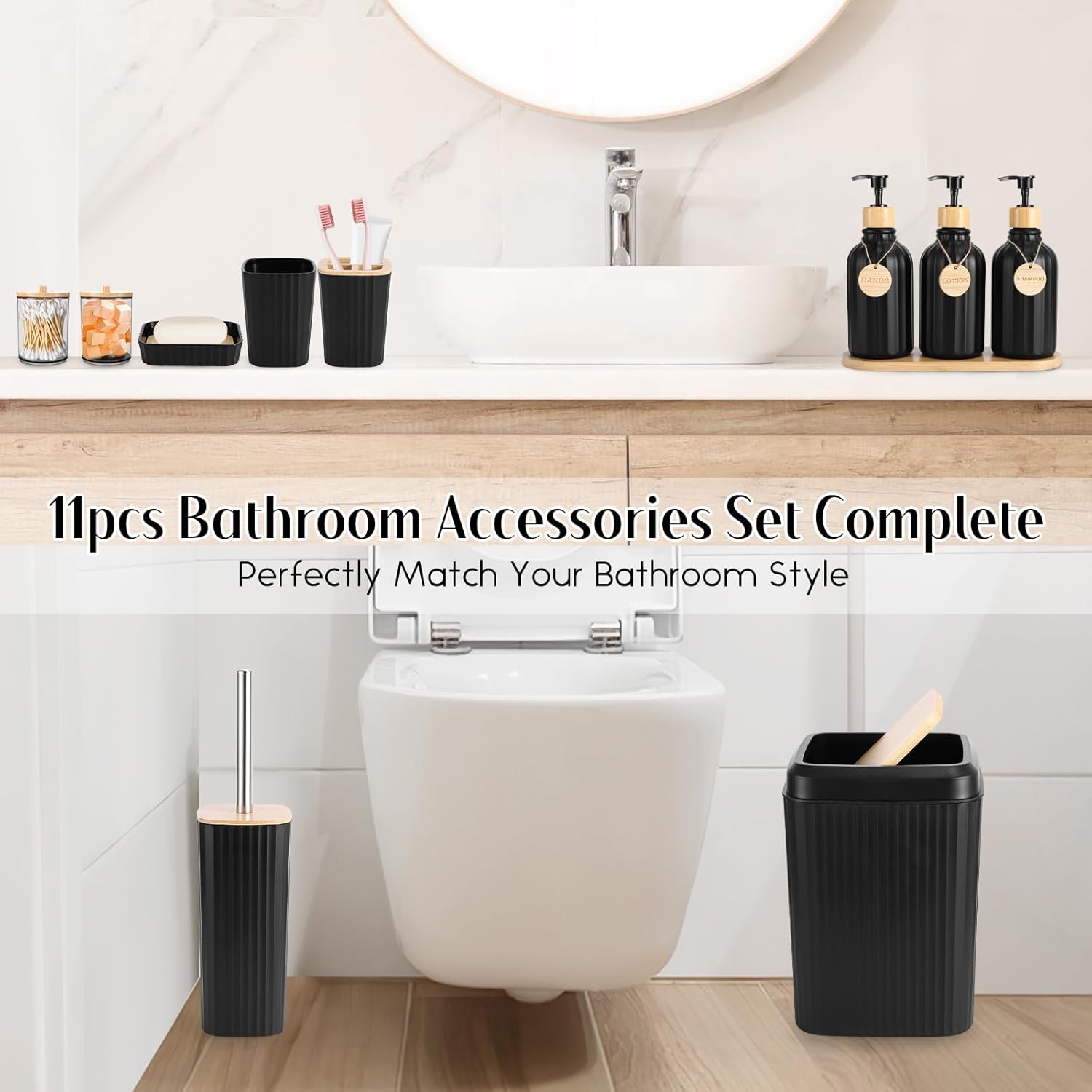 Juego de accesorios de baño negro de 17 piezas con dispensador de jabón de 3...