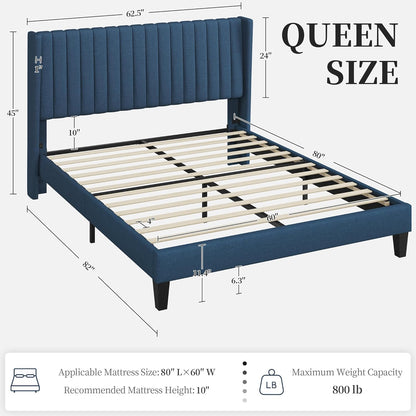 Yaheetech Base de cama Queen tapizada con cabecera de tela, diseño de borde de...