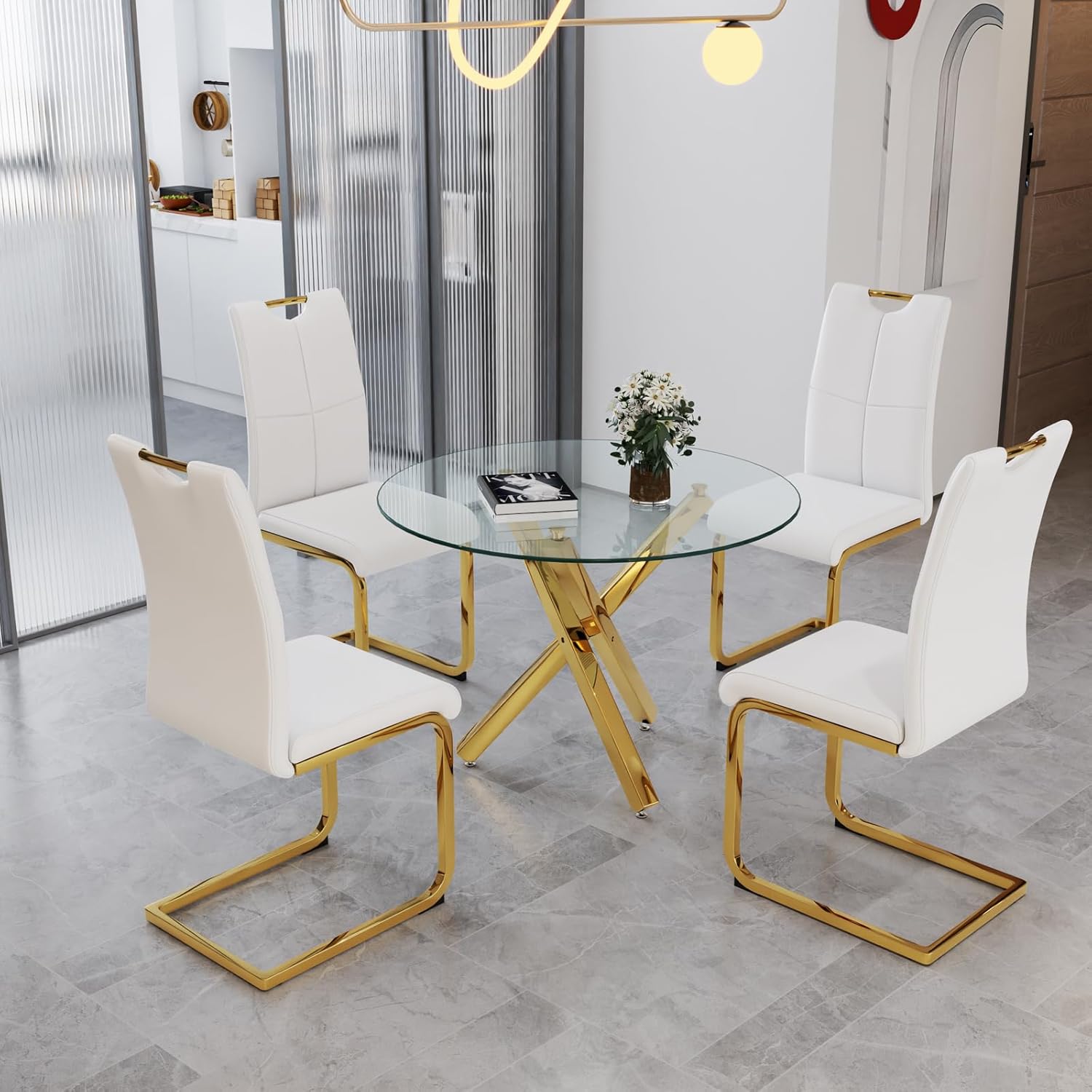 Mesa de comedor redonda de vidrio de 39.37 pulgadas, moderna mesa de comedor de