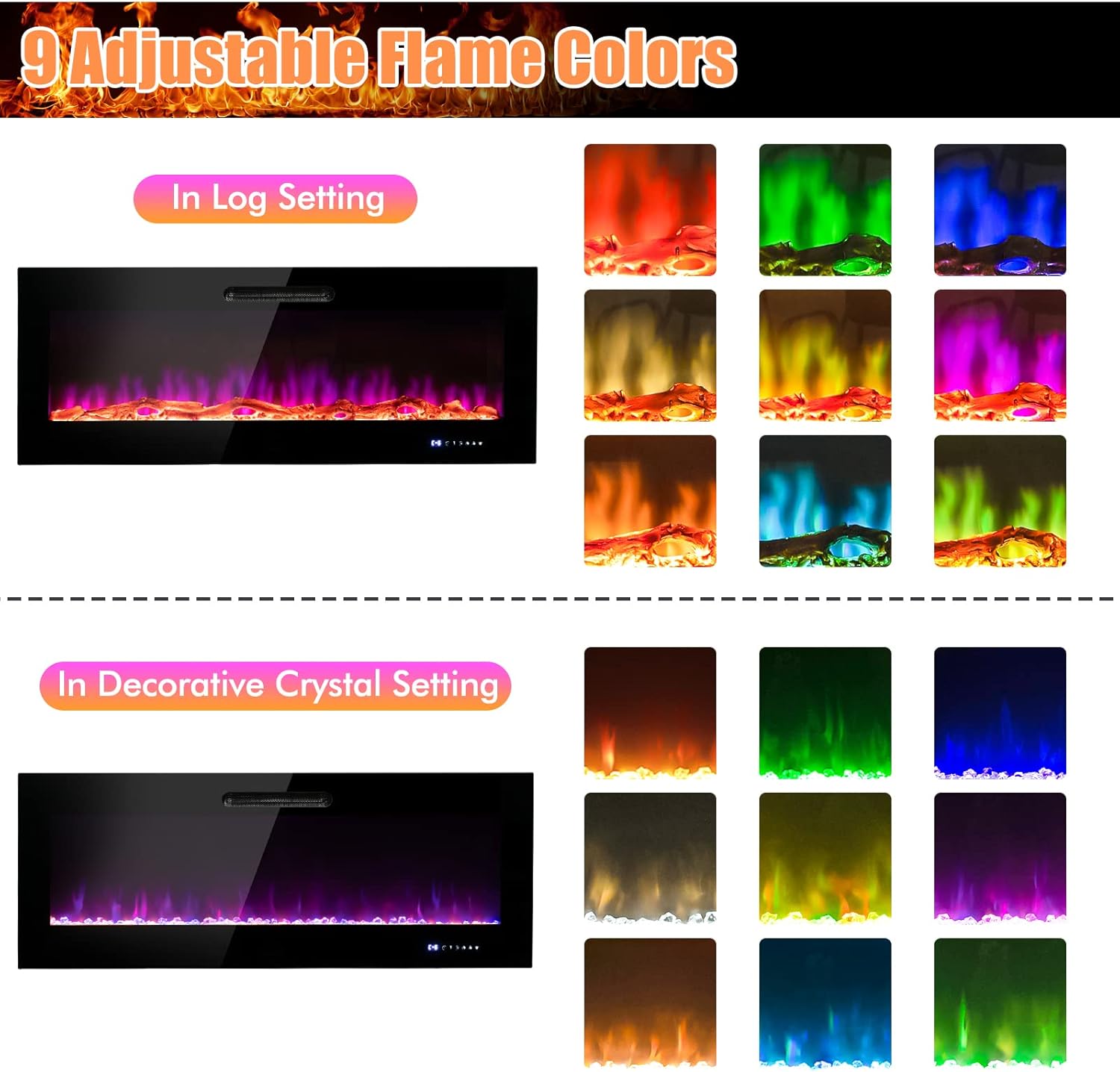 COSTWAY Chimenea eléctrica de 60 pulgadas de ancho, 750 W1500 W empotrada y...