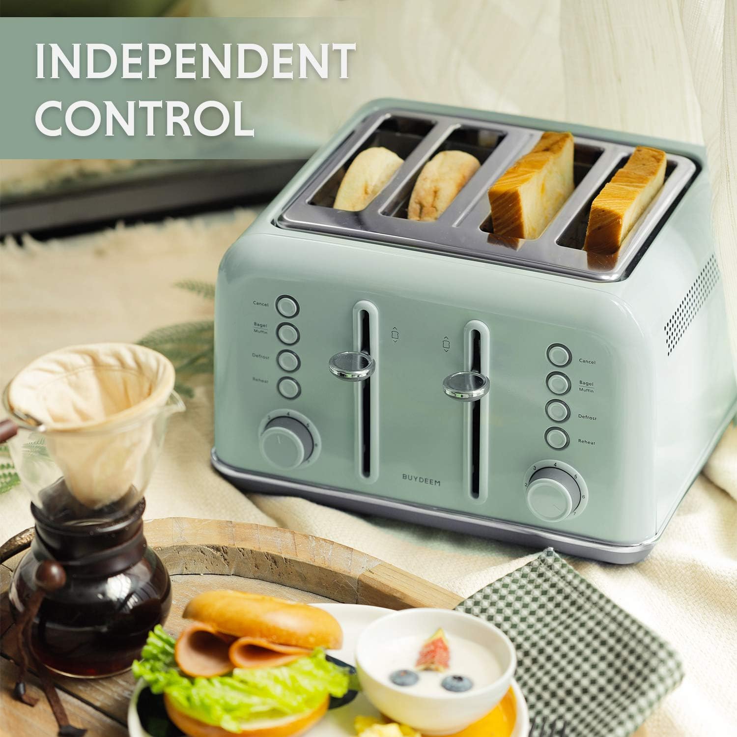 BUYDEEM DT-640 - Tostadora de 4 rebanadas, ranuras extra anchas, acero...