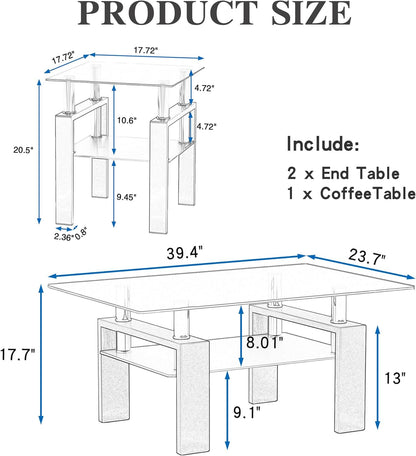 Meihua Juego de 3 mesas auxiliares de cristal y mesa auxiliar, juego de mesa de...