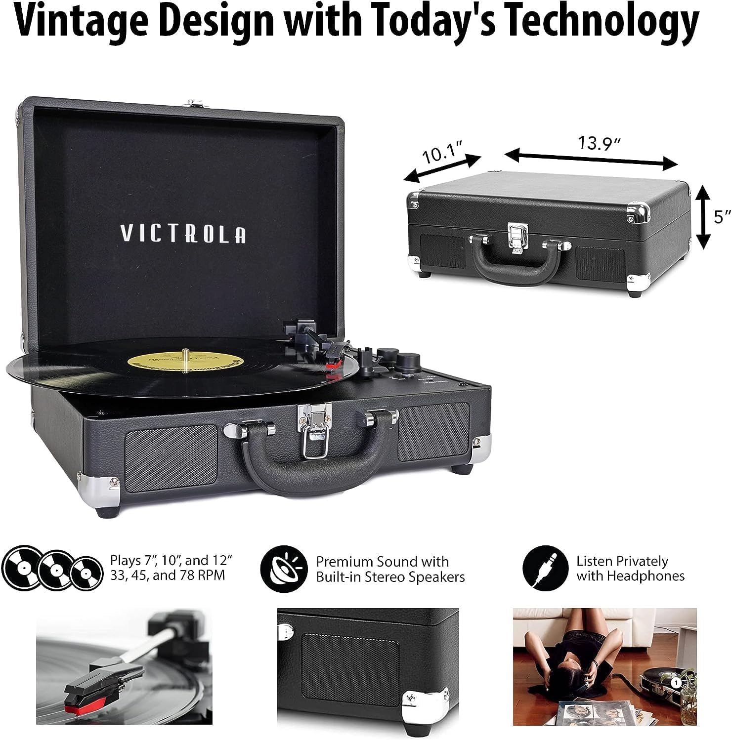Victrola Tocadiscos portátil de maleta, estilo vintage, 3 velocidades y...