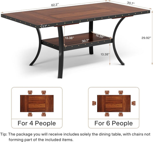 Mesa de comedor para 4-6, mesa de cocina rectangular marrón de 62 pulgadas,