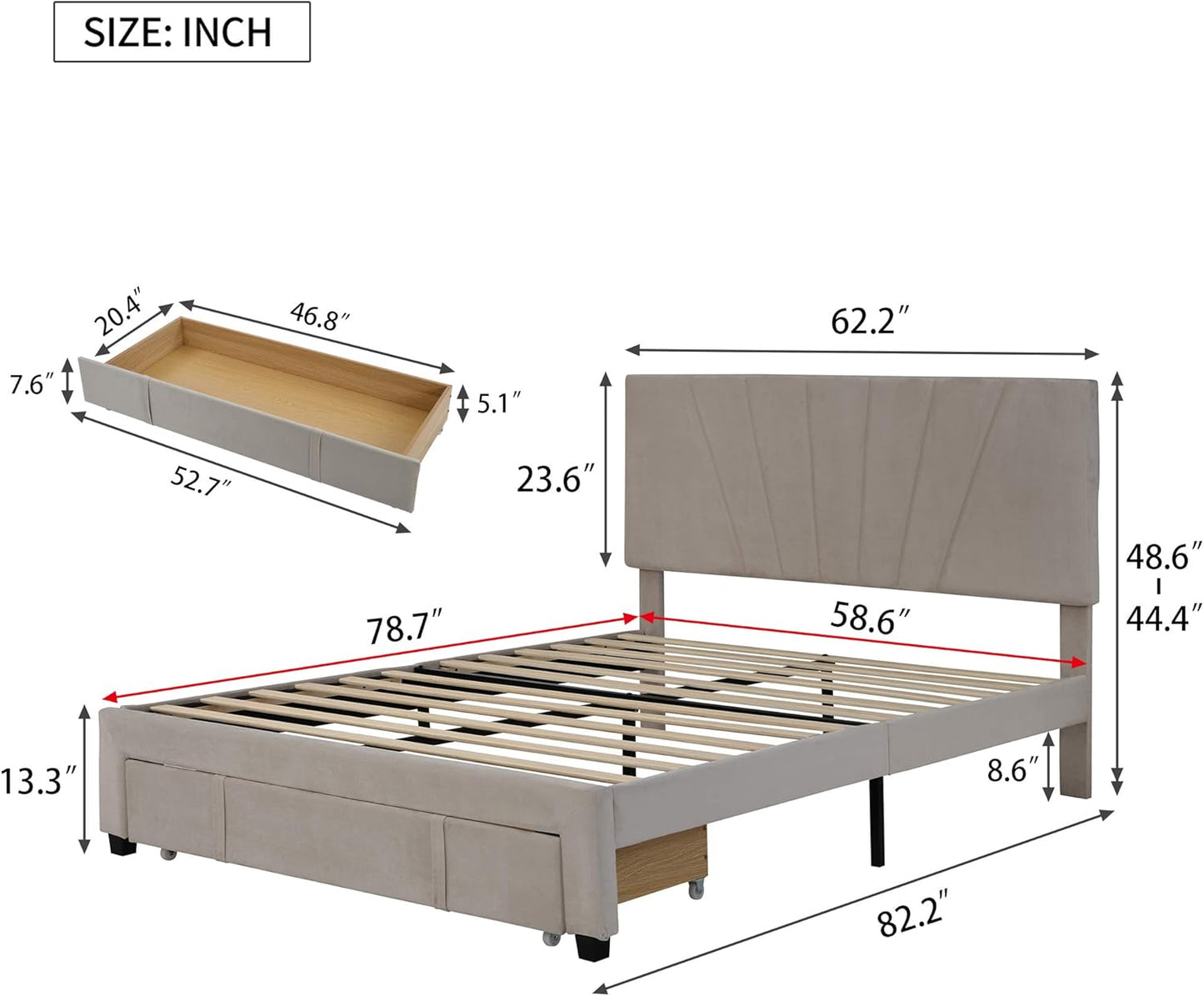 Cama de plataforma tapizada de terciopelo con un cajón grande, cama de