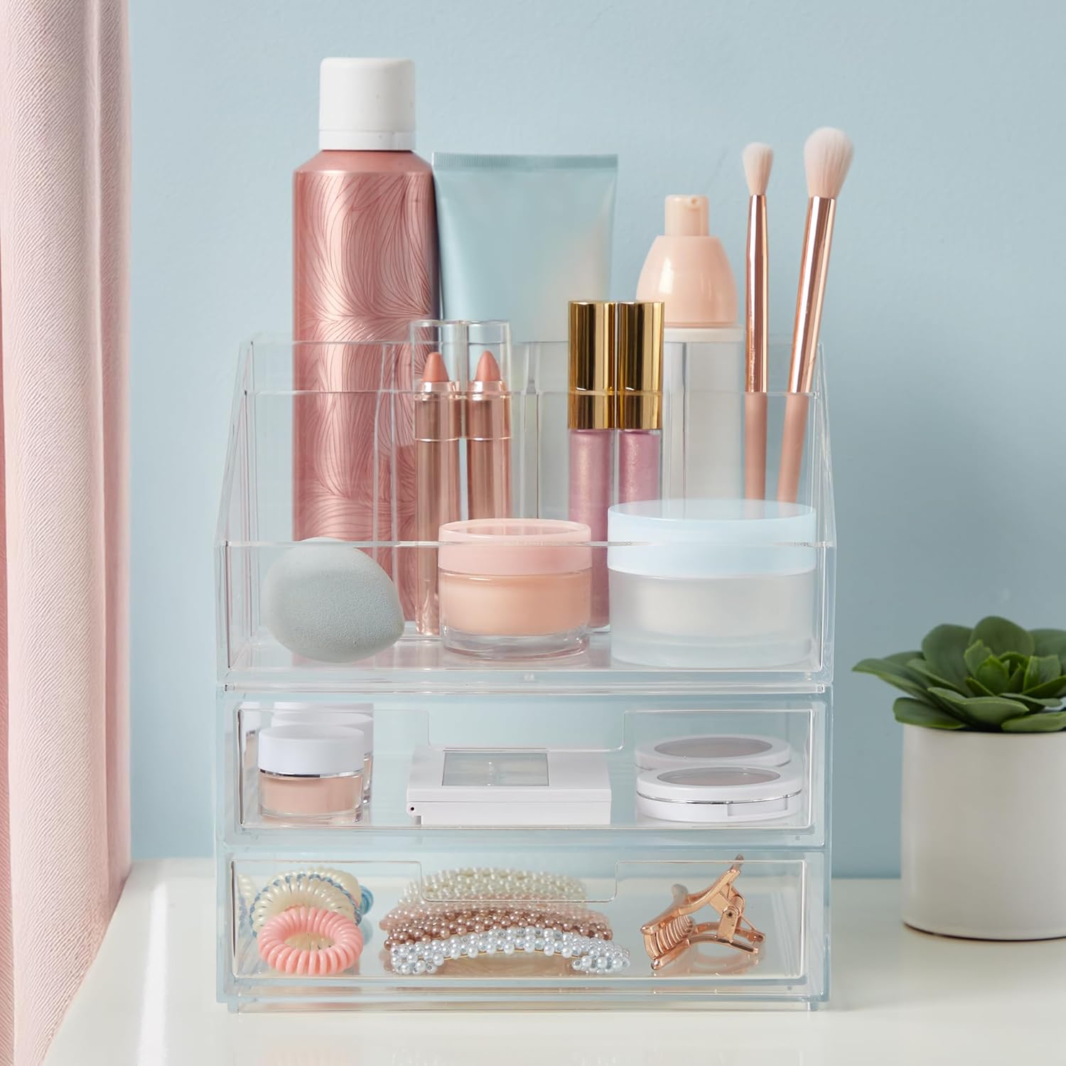 STORi Chloe - Juego de soporte de maquillaje transparente apilable y cajón...