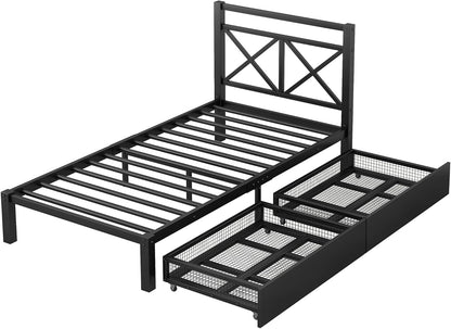 Cama de plataforma de metal con cabecera y estribo de diseño cuadrado, marco de