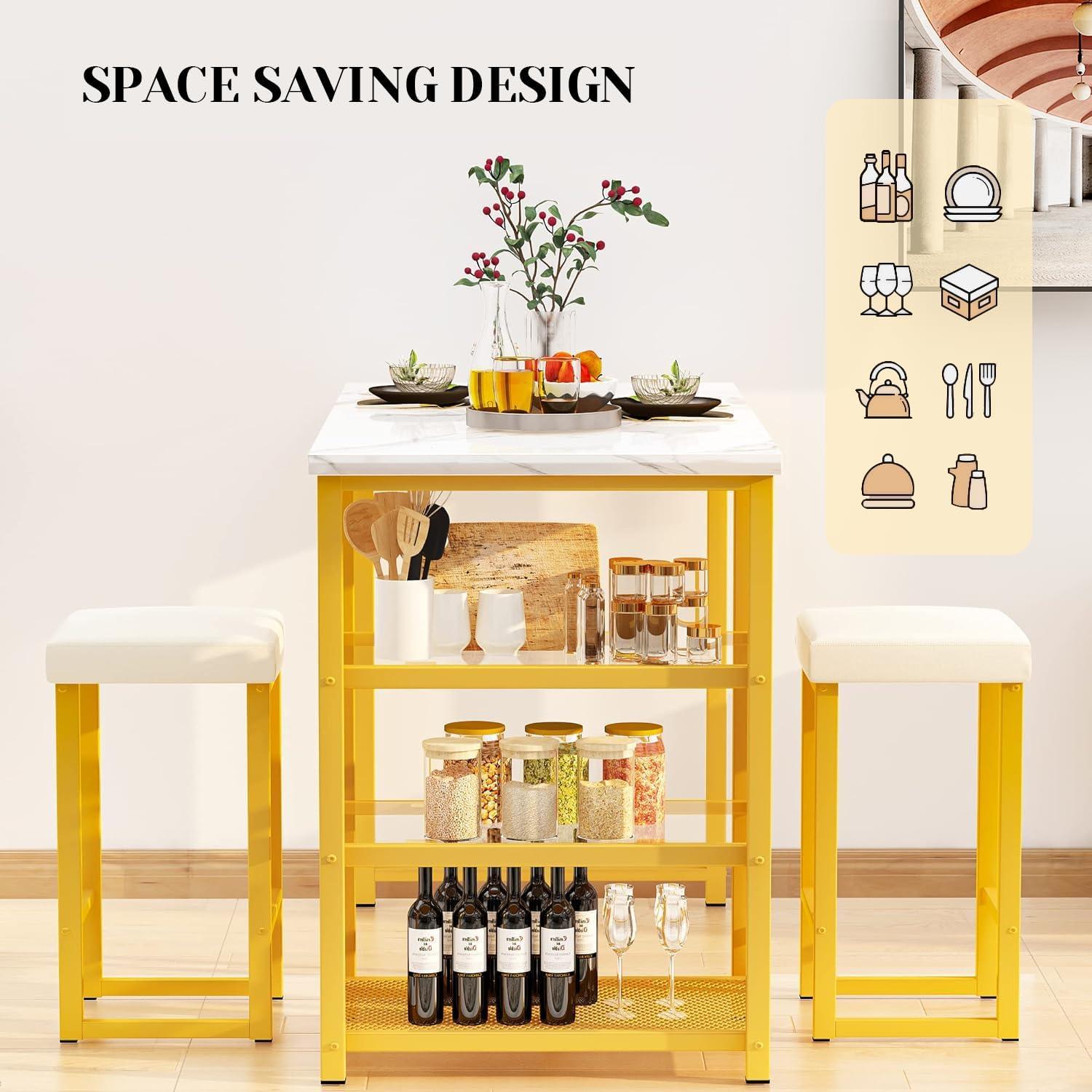 Dining Table Set for 2, Kitchen Island with Seating Bar Table Set with Storage,