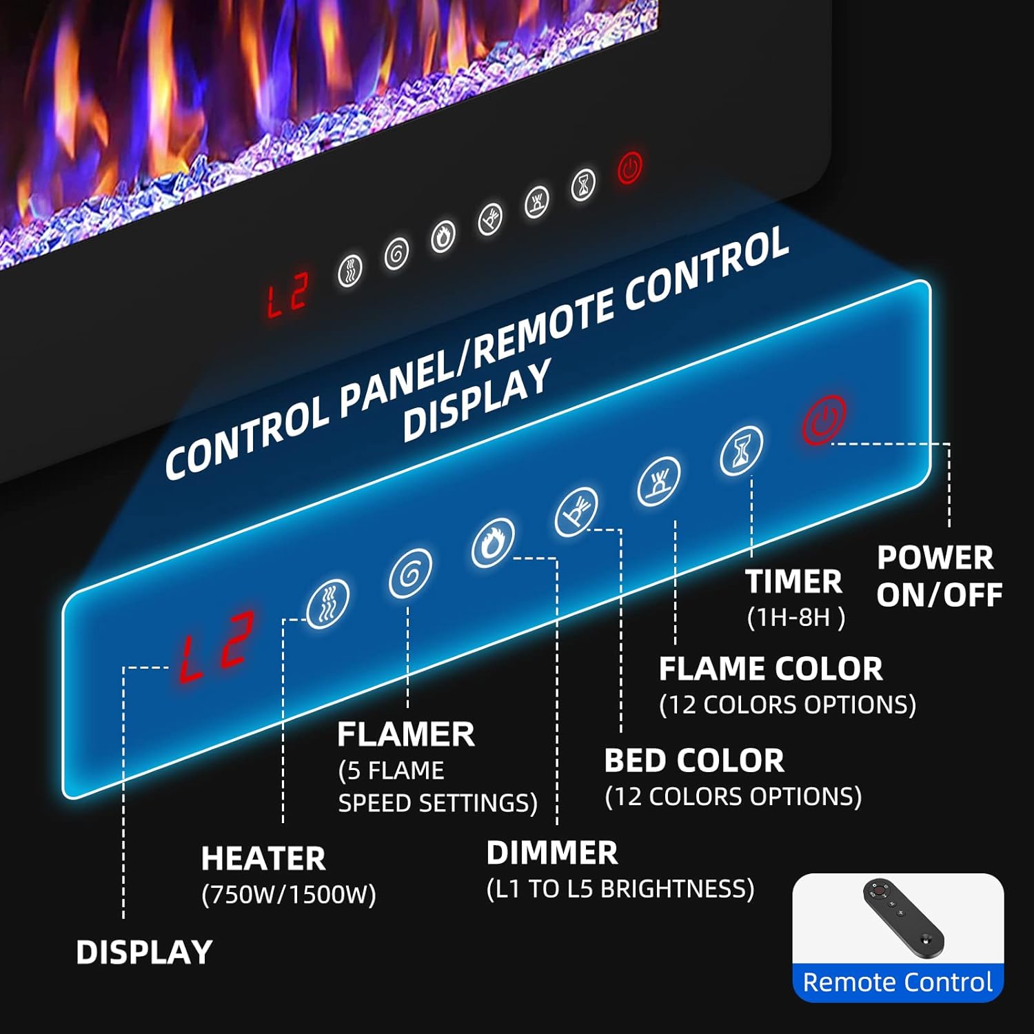 Chimenea eléctrica de pared de 60 pulgadas para sala de estar, calentador de...