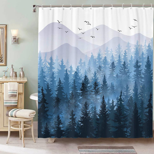 Accnicc Juego de cortinas de ducha de bosque brumoso, color azul marino y...