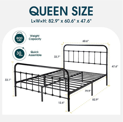 Base de cama de metal tamaño Queen con cabecera curvada de hierro forjado,