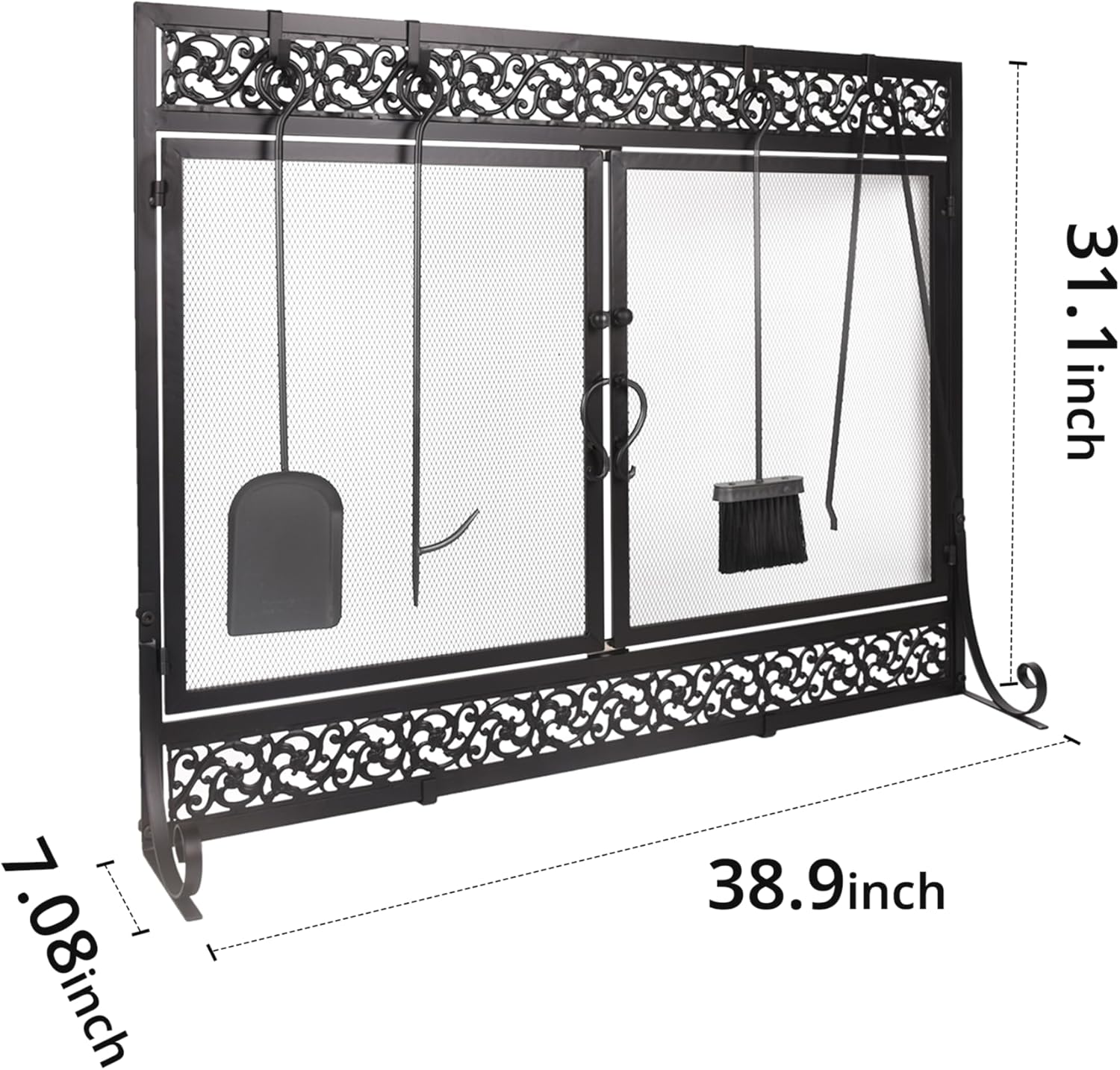 Pantalla de chimenea de metal de 39 x 31 pulgadas, protector de chispas de dos...