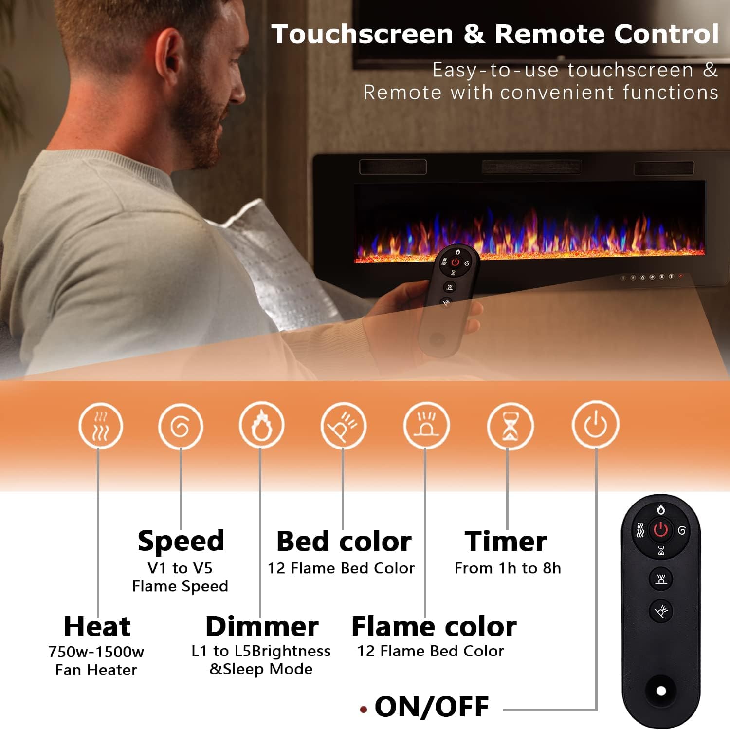 Vitesse Chimenea eléctrica ultrafina de 50 pulgadas en la pared empotrada y...