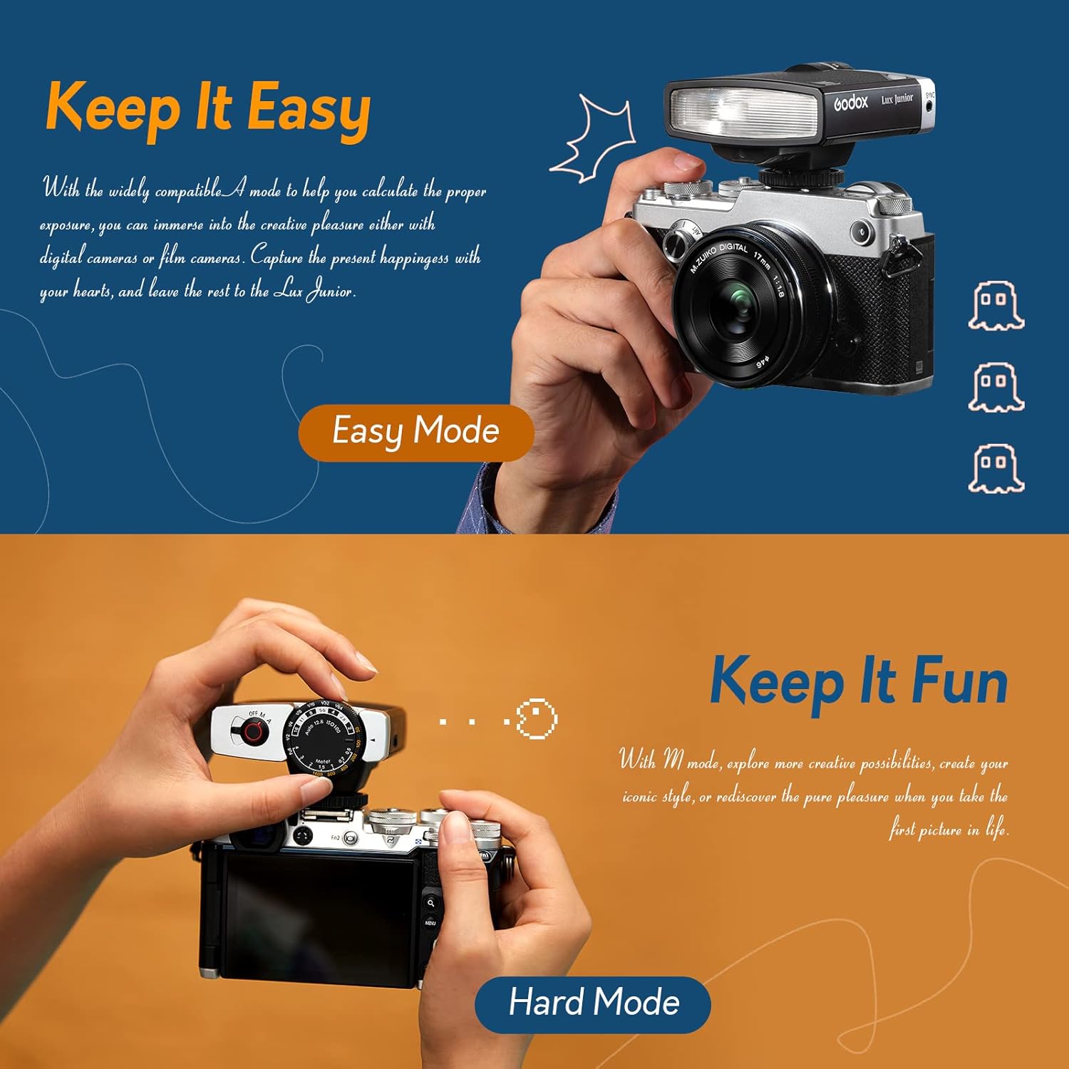 Godox Lux Junior Retro Camera Flash, GN12 con 7 niveles de potencia de flash,...