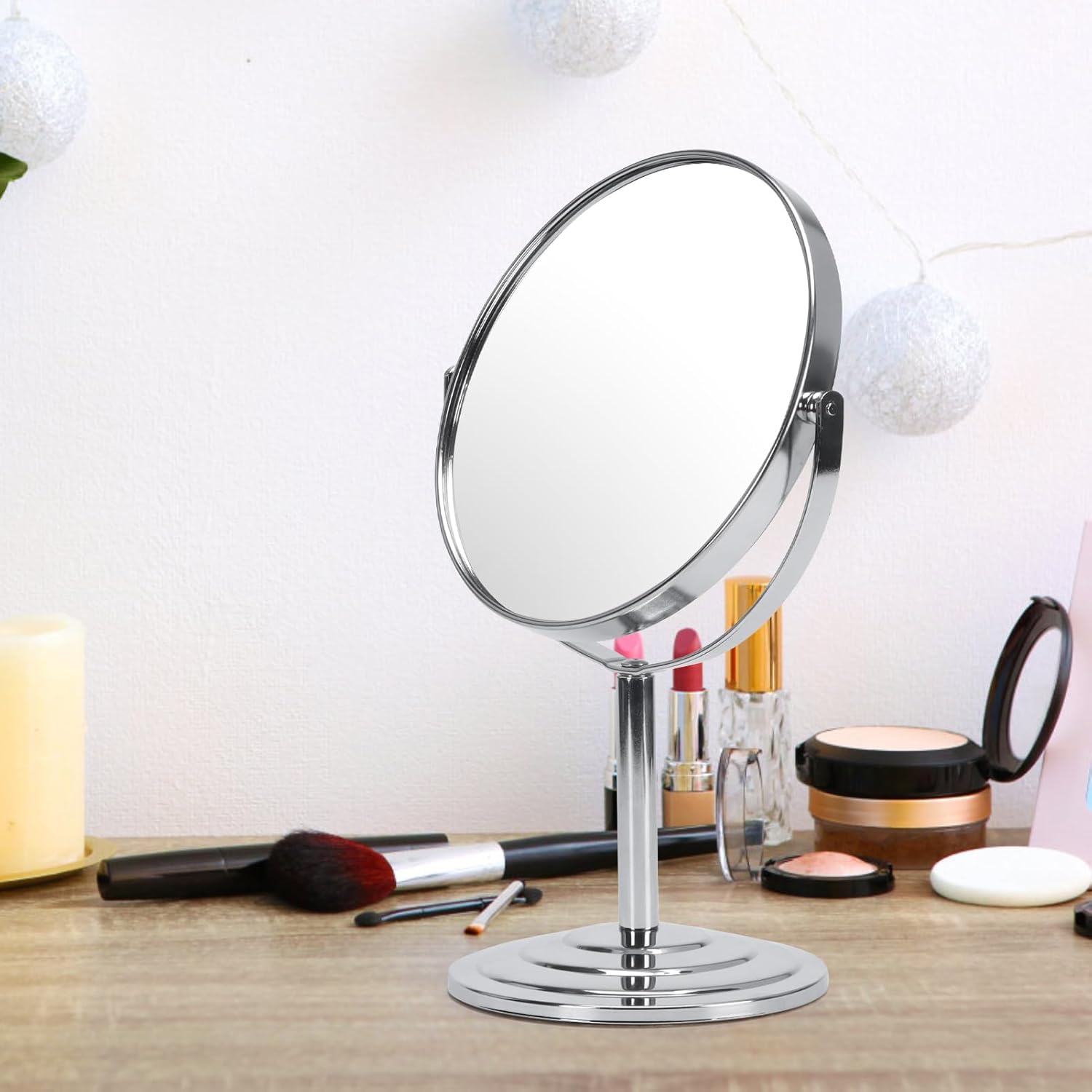 1 espejo de maquillaje con aumento 3X para mesa, espejo de tocador plateado de...