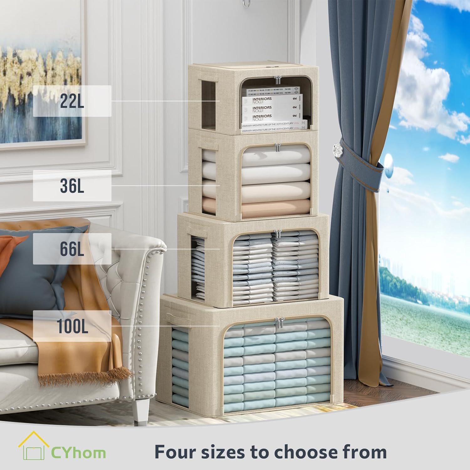 Caja de almacenamiento de ropa, juego organizador plegable de tela de lino con...