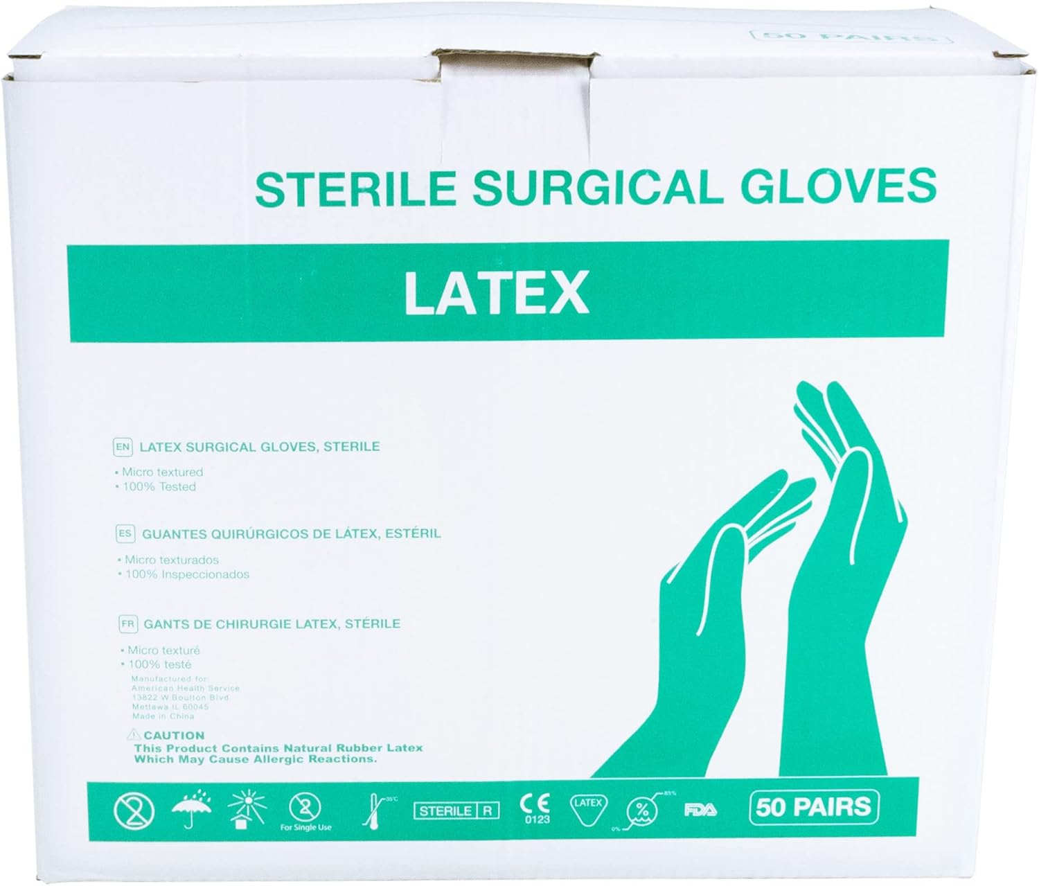 Guantes quirúrgicos de látex sin polvo, tamaño 6.5, 50 parescaja