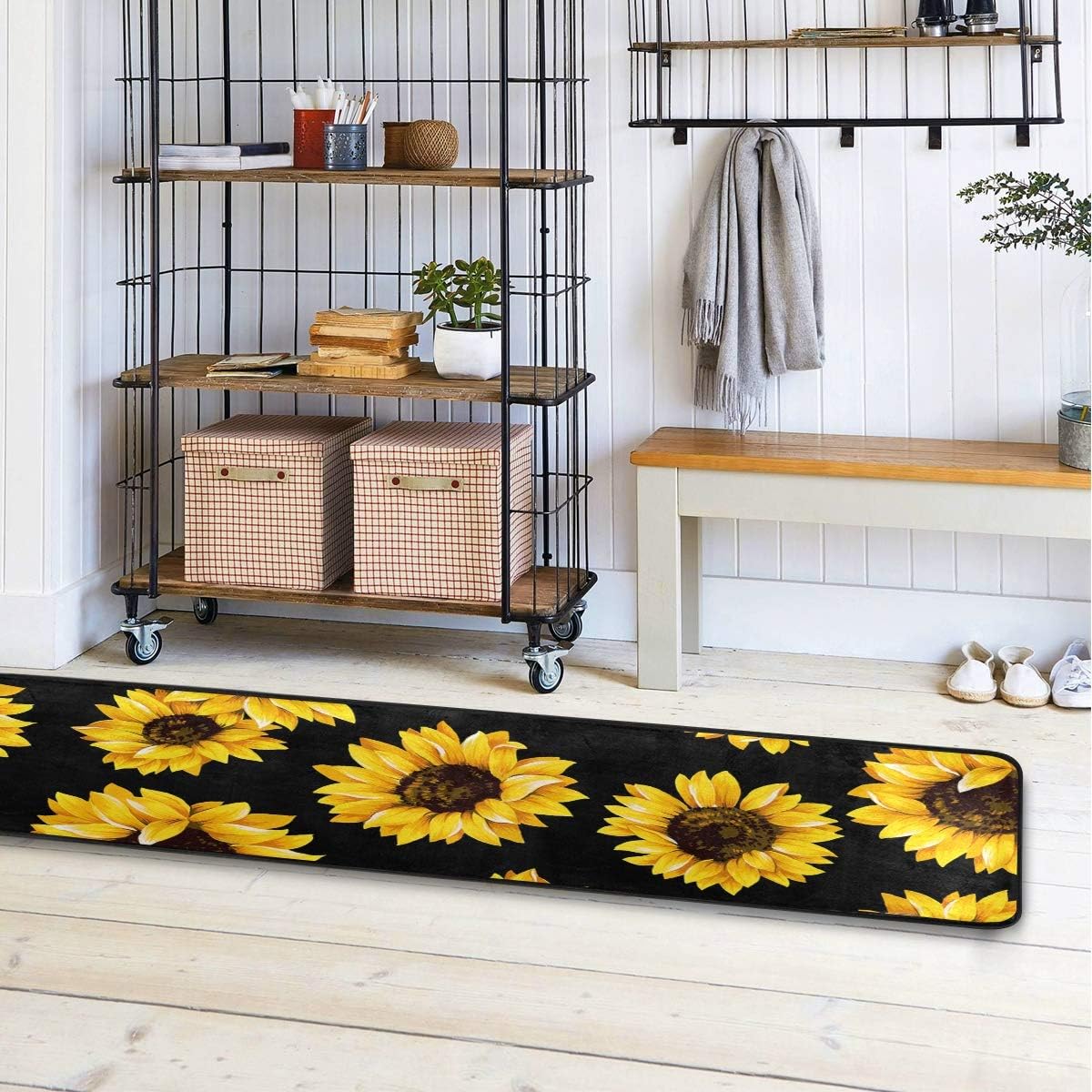 Alfombras de cocina negras con diseño de girasol, antideslizantes, suaves, para...