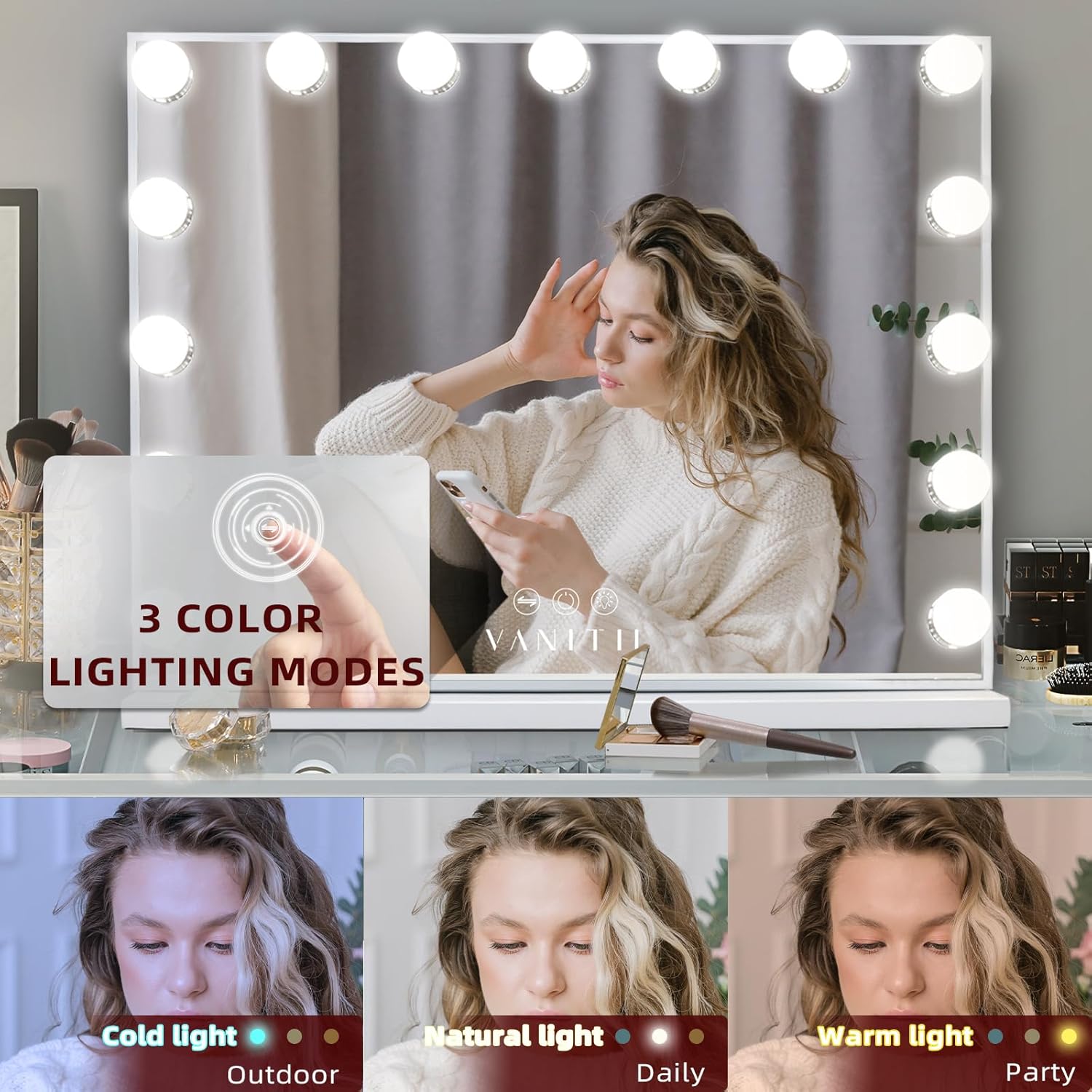 Vantii - Espejo de tocador Hollywood con luces, carga USB, 22.8 x 18.1...