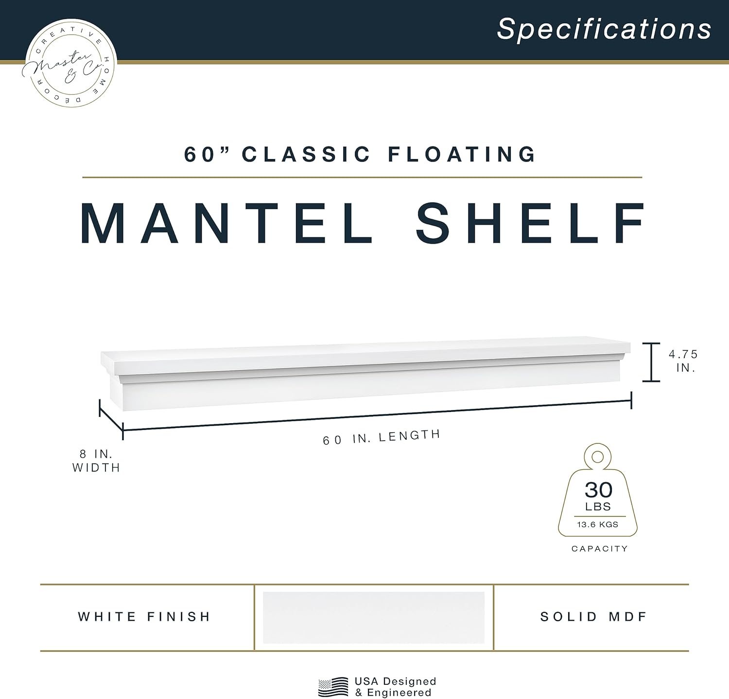 MCS Master & Co - Mantel flotante de madera maciza con acabado blanco de 60...