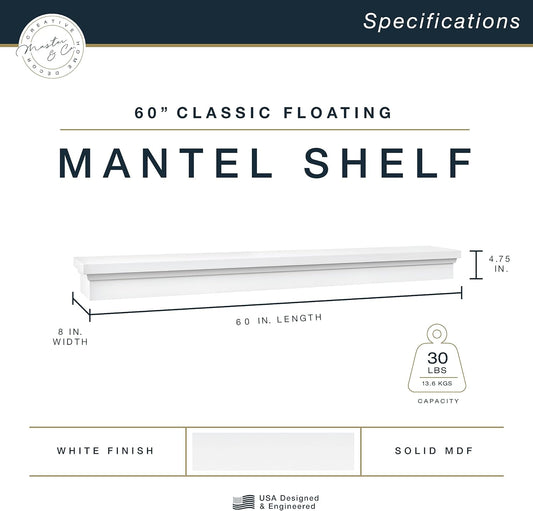 MCS Master & Co - Mantel flotante de madera maciza con acabado blanco de 60...