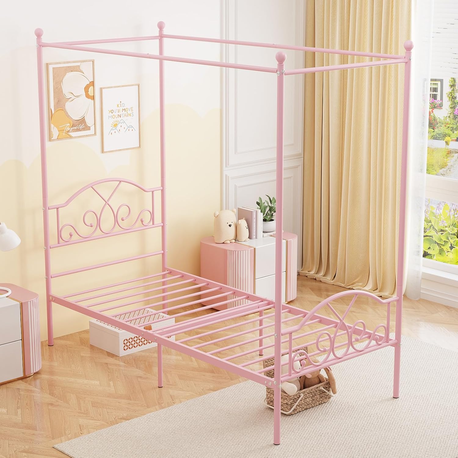 Weehom Marco de cama con dosel de princesa con 4 pósteres, base de colchón de...