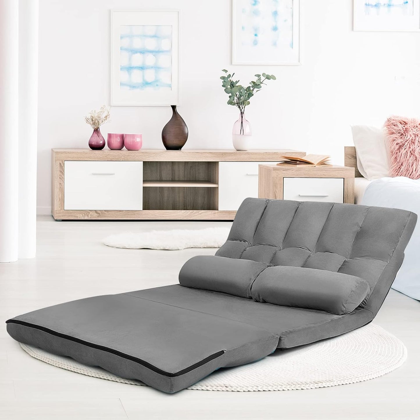 Sofá de suelo con 2 almohadas, sofá cama plegable ajustable de 6 posiciones con