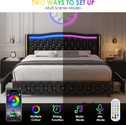 Base de cama con plataforma LED inteligente con 4 cajones de almacenamiento,